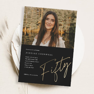 Minimalistisches Script Gold 50. Foto Geburtstag Magneteinladung