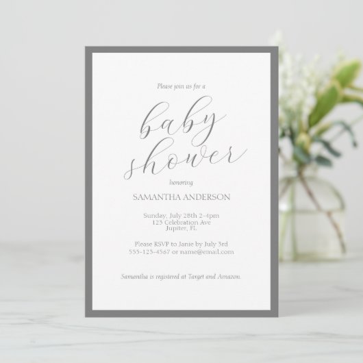Minimalistisches Script Gray Baby Dusche Einladung (Stehend Vorderseite)