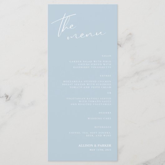 Minimalistisches Script-Hochzeitsmenü Menükarte (Vorderseite)