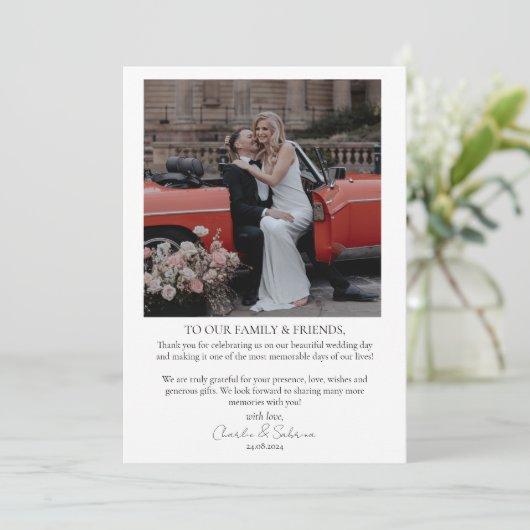 Minimalistisches Script-Hochzeitsskript-Foto Danke (Stehend Vorderseite)