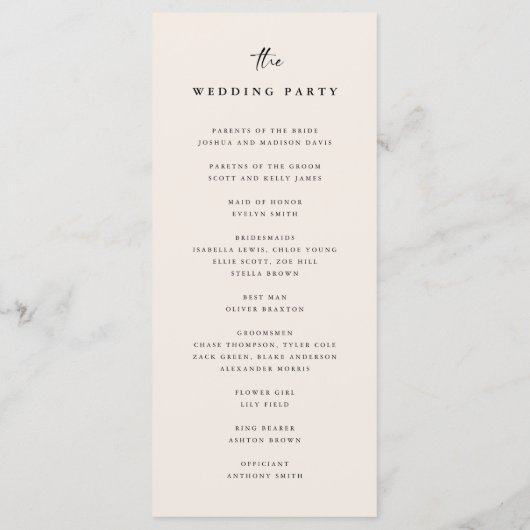 Minimalistisches Script Light Beige Hochzeitsfeier Programm (Rückseite)