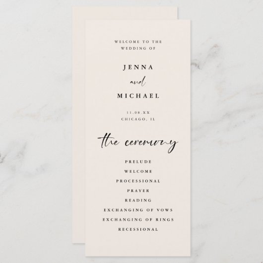 Minimalistisches Script Light Beige Hochzeitsfeier Programm (Vorne/Hinten)