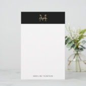 Minimalistisches Script-Metallic-Black-Gold-Monogr Briefpapier (Stehend Vorderseite)