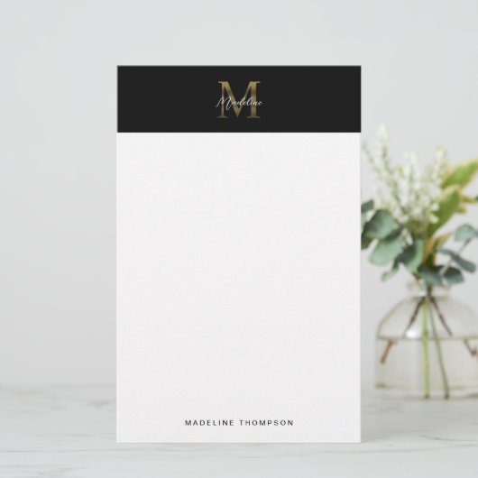 Minimalistisches Script-Metallic-Black-Gold-Monogr Briefpapier (Stehend Vorderseite)