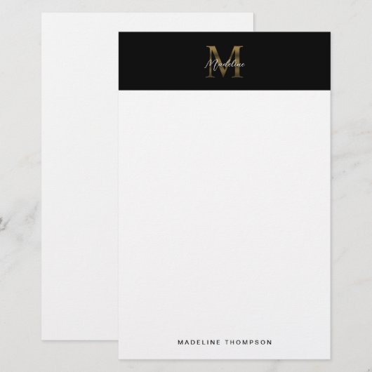 Minimalistisches Script-Metallic-Black-Gold-Monogr Briefpapier (Vorne/Hinten)