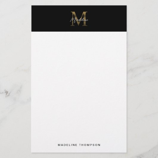 Minimalistisches Script-Metallic-Black-Gold-Monogr Briefpapier (Vorderseite)