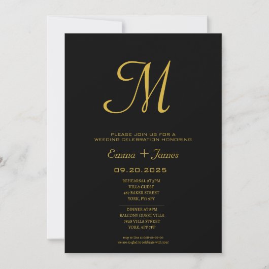 Minimalistisches Script Monogram Black Gold Weddin Einladung (Vorderseite)