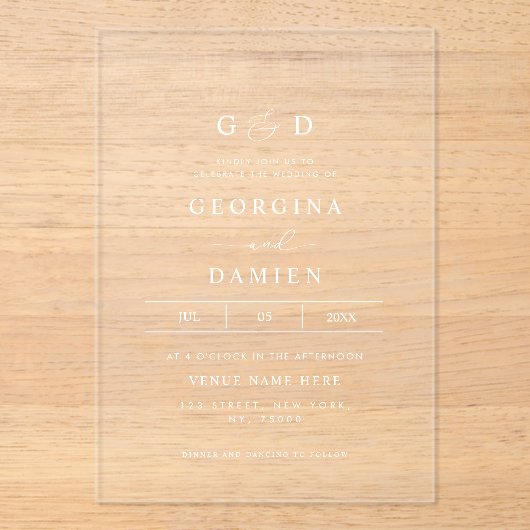 Minimalistisches Script Monogram Transparente Hoch Acryleinladungen (Vorderseite)