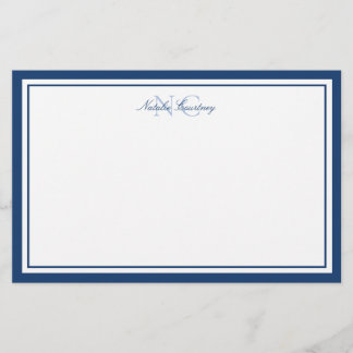 Minimalistisches Script Navy Blue Two Border Monog Briefpapier