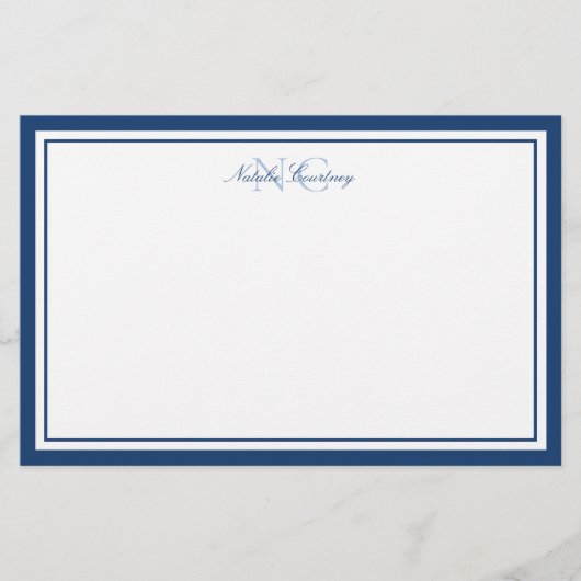 Minimalistisches Script Navy Blue Two Border Monog Briefpapier (Vorderseite)