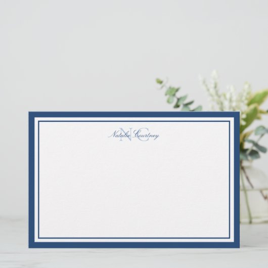 Minimalistisches Script Navy Blue Two Border Monog Briefpapier (Stehend Vorderseite)