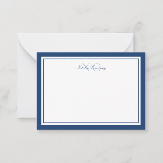 Minimalistisches Script Navy Blue Two Border Monog Mitteilungskarte (Vorderseite)