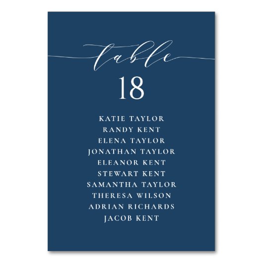 Minimalistisches Script Navy Blue Wedding Plan Tischnummer (Vorderseite)