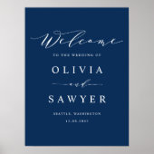 Minimalistisches Script Navy Blue Wedding Willkomm Poster (Vorne)