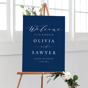 Minimalistisches Script Navy Blue Wedding Willkomm Poster