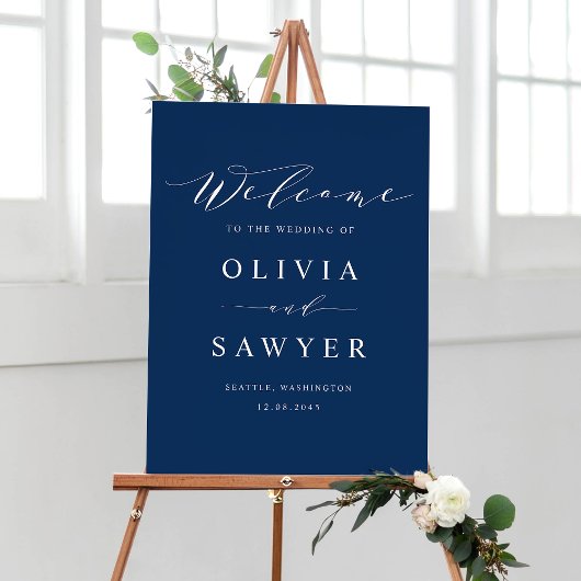Minimalistisches Script Navy Blue Wedding Willkomm Poster