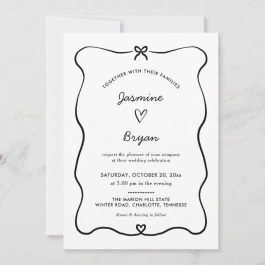 Minimalistisches Script Niedlich Bow Heart Frame W Einladung (Vorderseite)