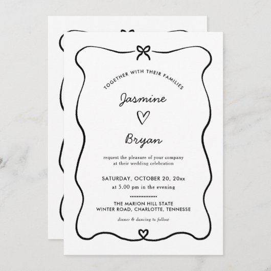 Minimalistisches Script Niedlich Bow Heart Frame W Einladung (Vorne/Hinten)