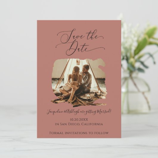 Minimalistisches Script Pinselstrich Stroke Terrac Save The Date (Stehend Vorderseite)