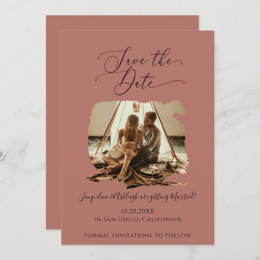 Minimalistisches Script Pinselstrich Stroke Terrac Save The Date (Vorne/Hinten)