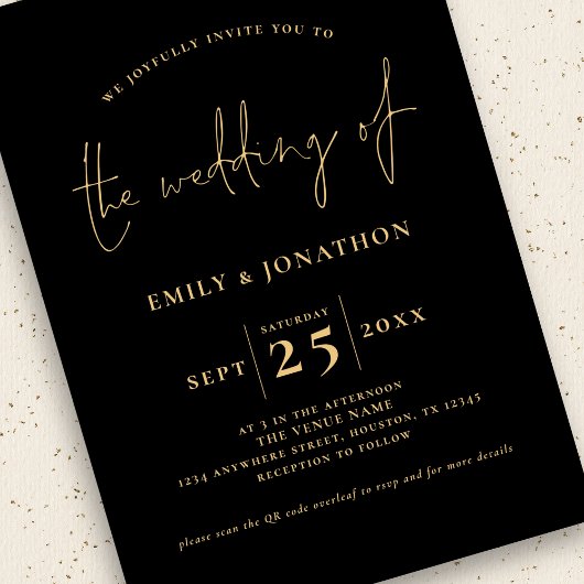 Minimalistisches Script QR Code Black Gold Wedding Einladung