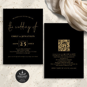 Minimalistisches Script QR Code Black Gold Wedding Einladung