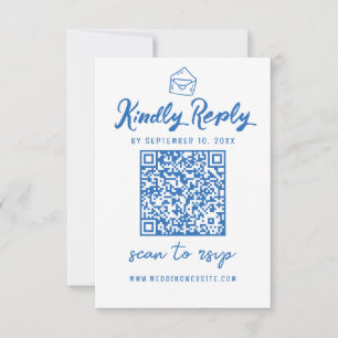 Minimalistisches Script QR Code Blue Envelope Hoch RSVP Karte