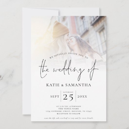 Minimalistisches Script QR Code Foto Lesbische Hoc Einladung (Vorderseite)