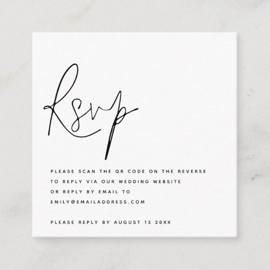 Minimalistisches Script QR Code Hochzeit RSVP Begleitkarte (Vorderseite)