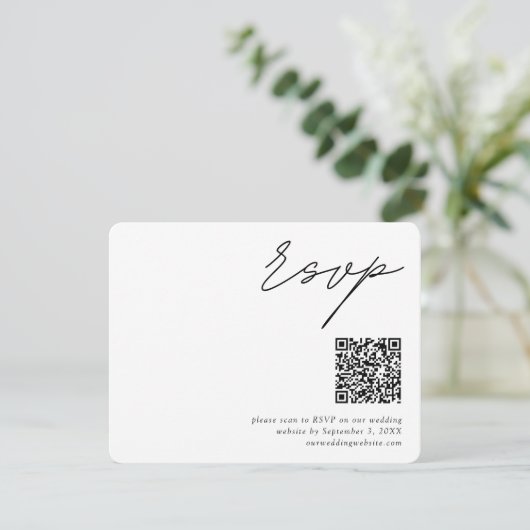 Minimalistisches Script QR Code Hochzeit RSVP Begleitkarte (Stehend Vorderseite)