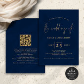 Minimalistisches Script QR Code Navy Blue Gold Hoc Einladung