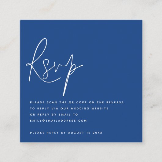 Minimalistisches Script QR Code Wedding Blue UAWG Begleitkarte (Vorderseite)