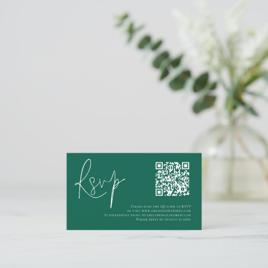 Minimalistisches Script QR Code Wedding Emerald UA Begleitkarte (Stehend Vorderseite)
