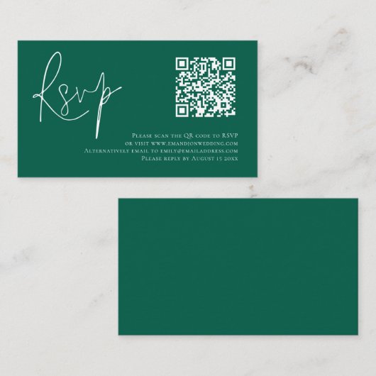 Minimalistisches Script QR Code Wedding Emerald UA Begleitkarte (Vorne/Hinten)