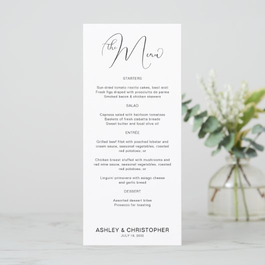 Minimalistisches Script Schwarz & Weiß Hochzeitsem Menükarte (Stehend Vorderseite)