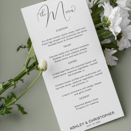 Minimalistisches Script Schwarz & Weiß Hochzeitsem Menükarte