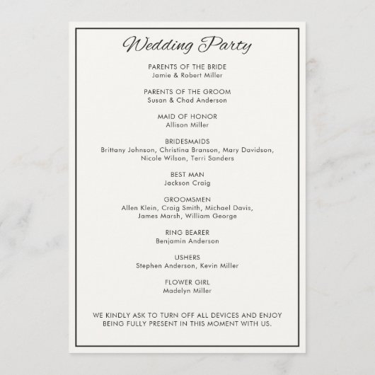 Minimalistisches Script Soft White Wedding Programm (Rückseite)