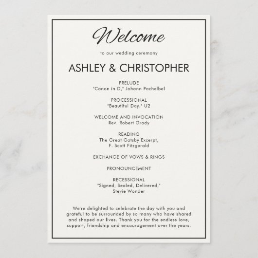 Minimalistisches Script Soft White Wedding Programm (Vorderseite)