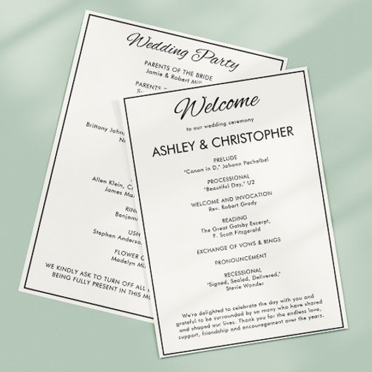 Minimalistisches Script Soft White Wedding Programm