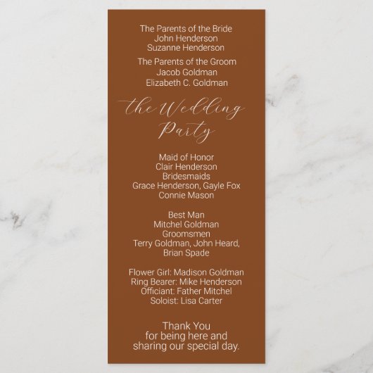 Minimalistisches Script Terracotta Wedding Program Programm (Rückseite)
