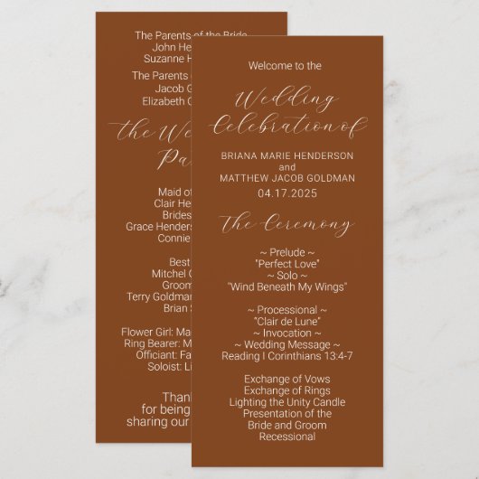 Minimalistisches Script Terracotta Wedding Program Programm (Vorne/Hinten)