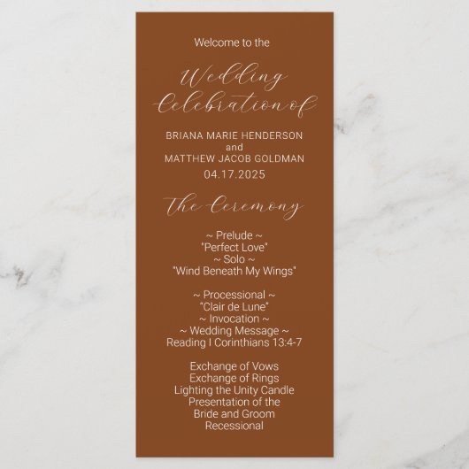 Minimalistisches Script Terracotta Wedding Program Programm (Vorderseite)
