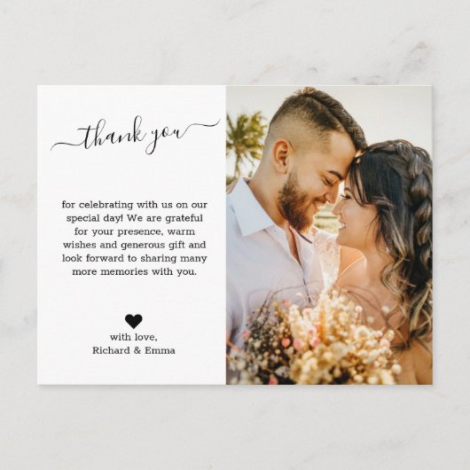 Minimalistisches Script Wedding Foto Vielen Dank Postkarte (Vorderseite)