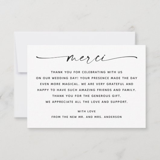 Minimalistisches Script Wedding Merci | Elegantes Dankeskarte (Vorderseite)