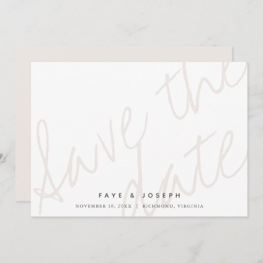 Minimalistisches Script Weiß Beige Save the Date K Einladung (Vorne/Hinten)