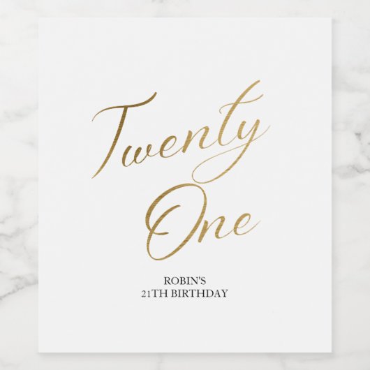 Minimalistisches Script weiß und Gold 21. Geburtst Weinetikett (Einzelnes Label)