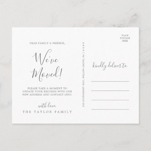 Minimalistisches Silber, das wir bewegt haben Ankündigungspostkarte (Rückseite)