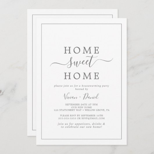 Minimalistisches Silber Sweet Zuhause Housewarming Einladung (Vorne/Hinten)