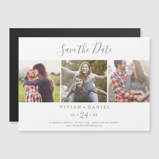 Minimalistisches Silver 3-Fotopatalog Save the Dat Magneteinladung (Vorne/Hinten)