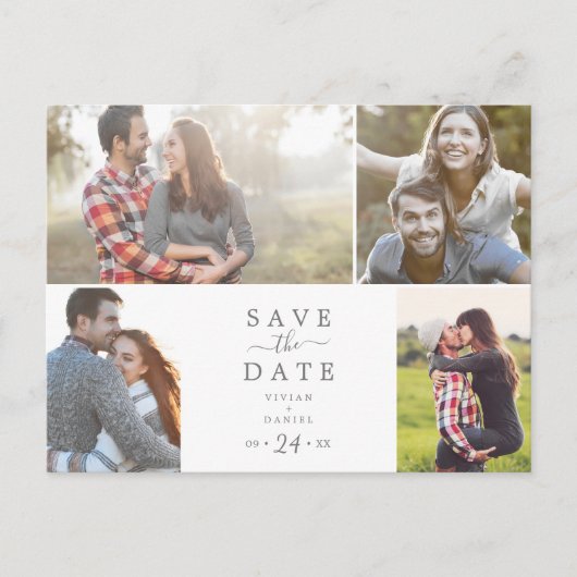 Minimalistisches Silver 4-Fotopatalog Save the Dat Einladungspostkarte (Vorderseite)